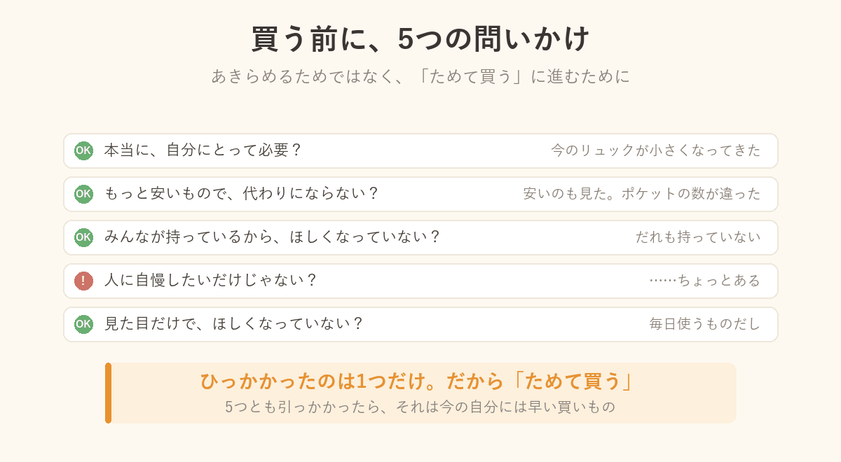 買う前の5つの問いかけに、なつきちゃんが答えた図解。ひっかかったのは「自慢したいだけ?」の1つだけ