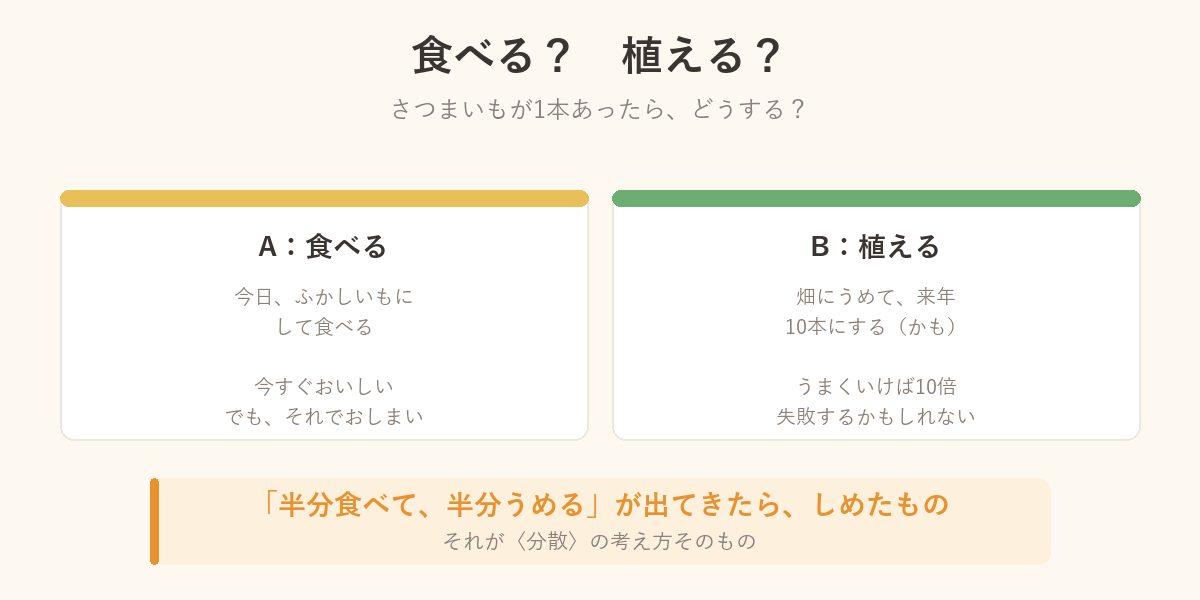 さつまいも1本を今日食べるか、畑にうめて来年10本にするかを比べた図解