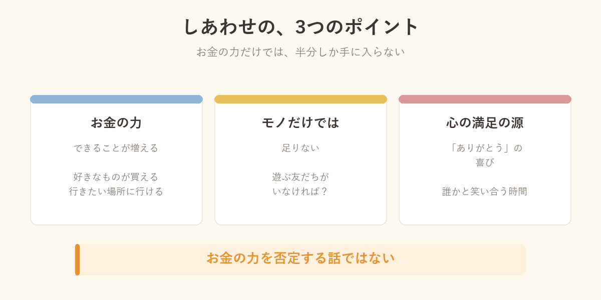 しあわせの3つのポイントの図解。お金の力、モノだけでは足りない、心の満足の源