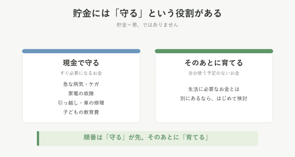 貯金の役割を示した図。急な病気やケガ、家電の故障、引っ越しや車の修理、子どもの教育費など、すぐ必要になるお金は現金で守り、そのあとに育てる