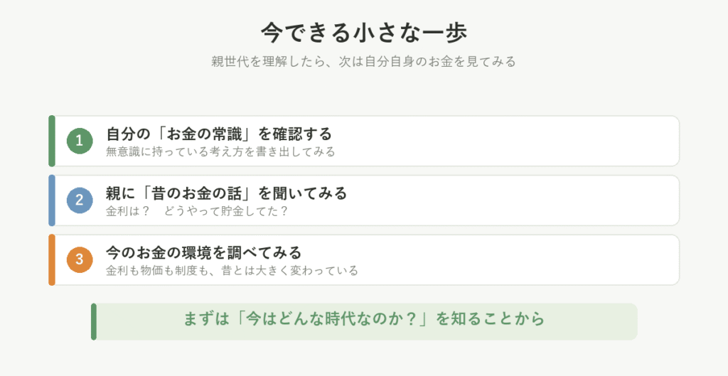 今できる小さな一歩。自分のお金の常識を確認する、親に昔のお金の話を聞く、今のお金の環境を調べる