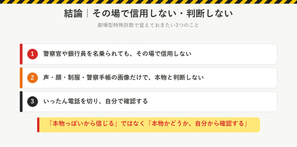 劇場型特殊詐欺の結論:警察官や銀行員を名乗られてもその場で信用しない、声・顔・制服・警察手帳の画像だけで判断しない、いったん電話を切って自分で確認する