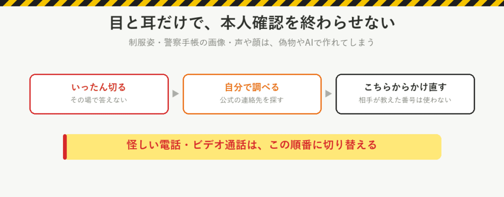 目と耳だけで本人確認を終わらせない:いったん切る、自分で公式の連絡先を調べる、相手が教えた番号ではなくこちらからかけ直す