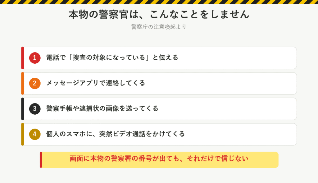 本物の警察官がしないこと:電話で捜査の対象と伝える、メッセージアプリで連絡する、警察手帳や逮捕状の画像を送る、個人のスマホに突然ビデオ通話をかける
