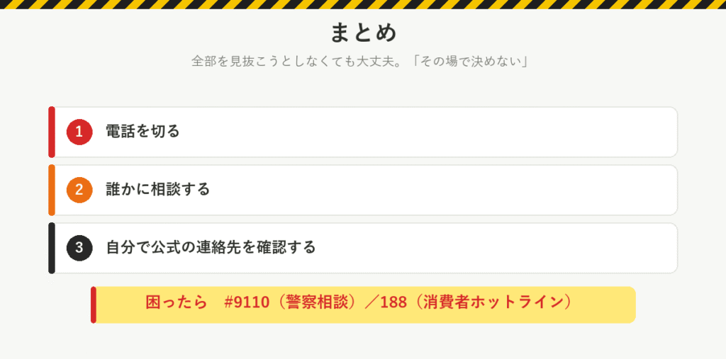 まとめ:電話を切る、誰かに相談する、自分で公式の連絡先を確認する。困ったら#9110(警察相談)か188(消費者ホットライン)