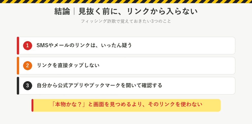 フィッシング詐欺の結論：SMSやメールのリンクはいったん疑う、リンクを直接タップしない、自分から公式アプリやブックマークを開いて確認する