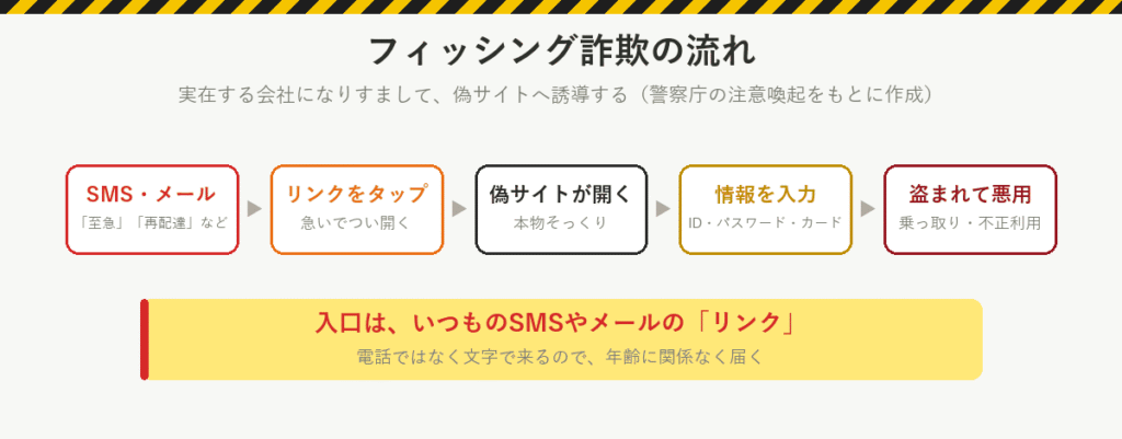 フィッシング詐欺の流れ：SMS・メールが届く、リンクをタップ、本物そっくりの偽サイトが開く、IDやカード情報を入力、盗まれて悪用される