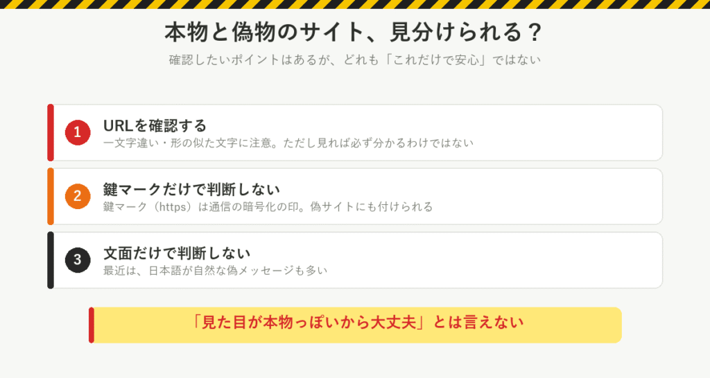 見分け方：URLを確認する、鍵マークだけで判断しない、文面だけで判断しない。見た目が本物っぽいから大丈夫とは言えない