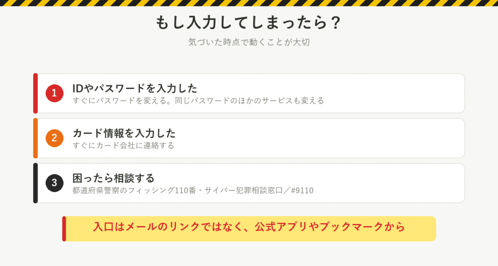 もし入力してしまったら：IDやパスワードはすぐ変更、カード情報はすぐカード会社に連絡、困ったら都道府県警察のフィッシング110番や#9110に相談