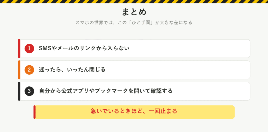 まとめ：SMSやメールのリンクから入らない、迷ったらいったん閉じる、自分から公式アプリやブックマークで確認する。急いでいるときほど一回止まる