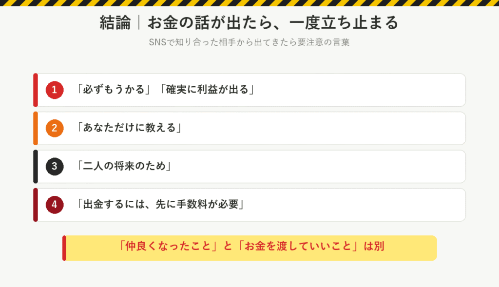 結論:SNSで知り合った相手からお金の話が出たら一度立ち止まる。要注意の言葉は「必ずもうかる」「あなただけに教える」「二人の将来のため」「出金するには先に手数料が必要」