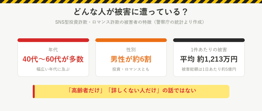 被害者の特徴:40代から60代が多数、男性が約6割、1件あたりの被害は平均約1,213万円