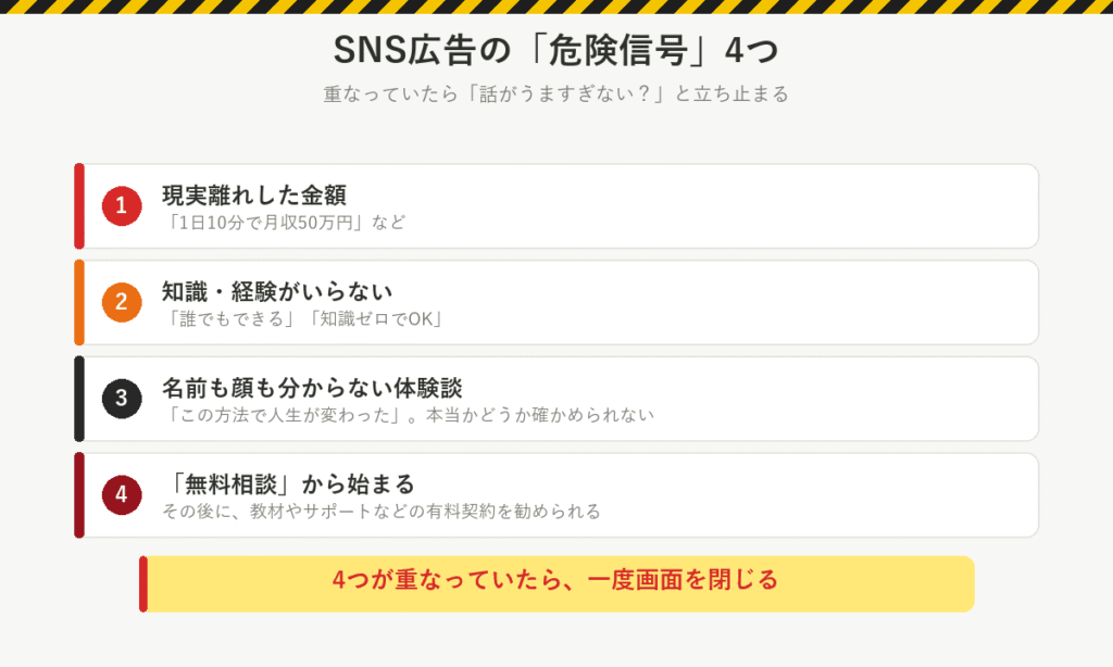 SNS広告の危険信号4つ：現実離れした金額、知識や経験がいらない、名前も顔も分からない体験談、無料相談から始まる