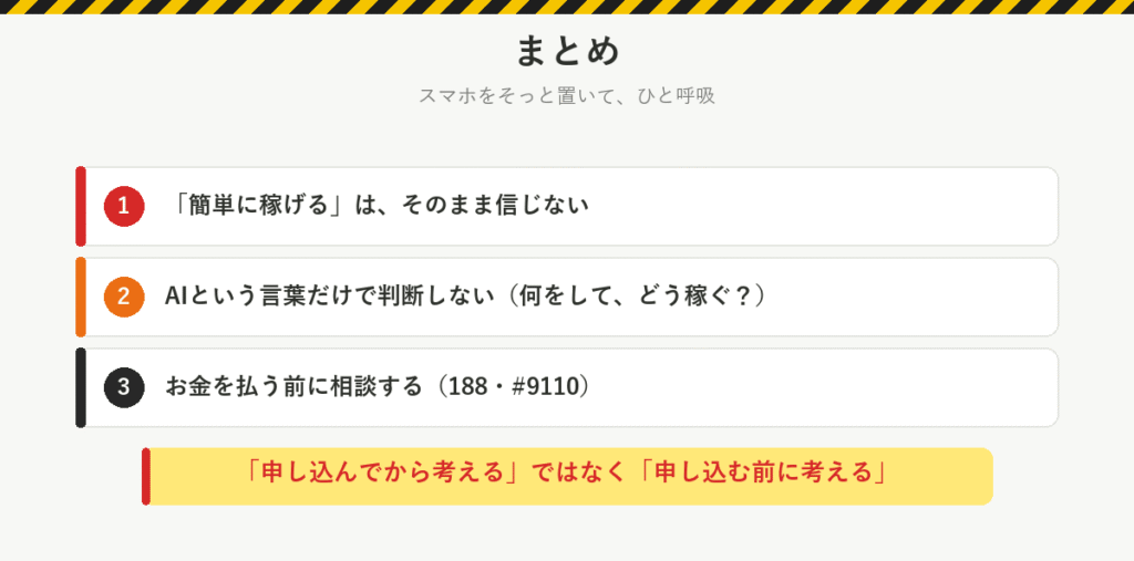 まとめ：簡単に稼げるはそのまま信じない、AIという言葉だけで判断しない、お金を払う前に188や#9110に相談する
