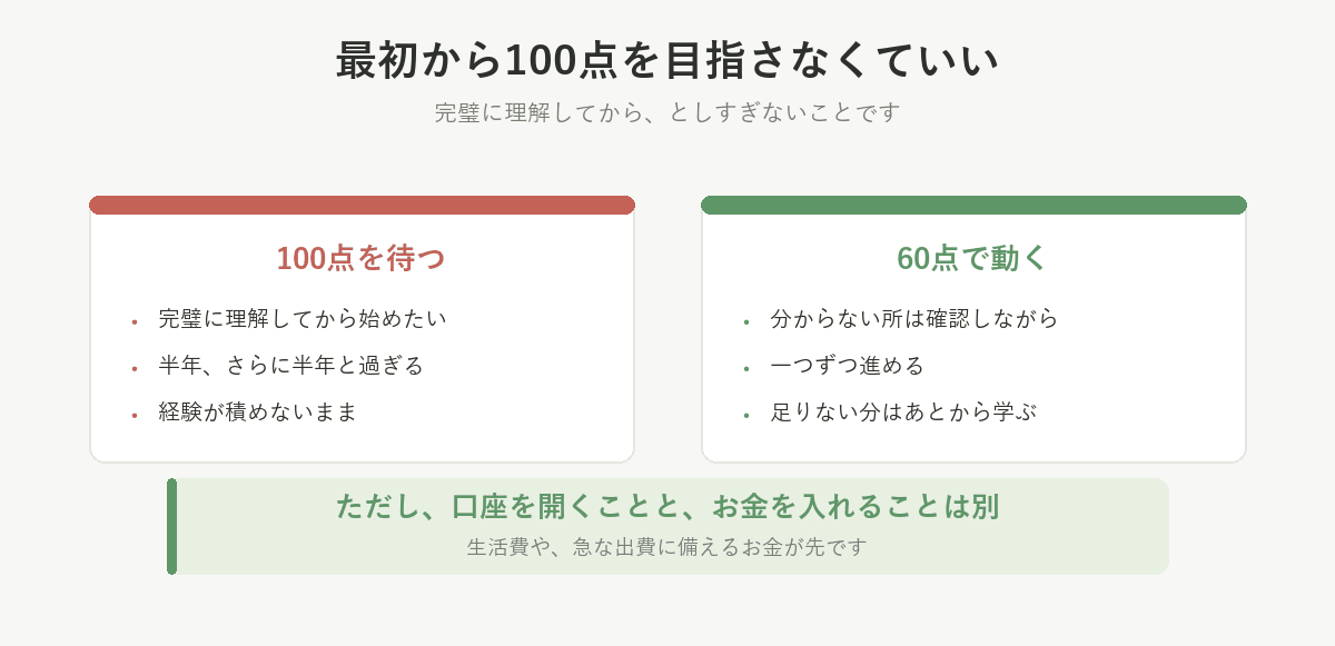 100点を待つと経験が積めないまま。60点で動いて、足りない分はあとから学ぶ。ただし口座を開くことと、お金を入れることは別