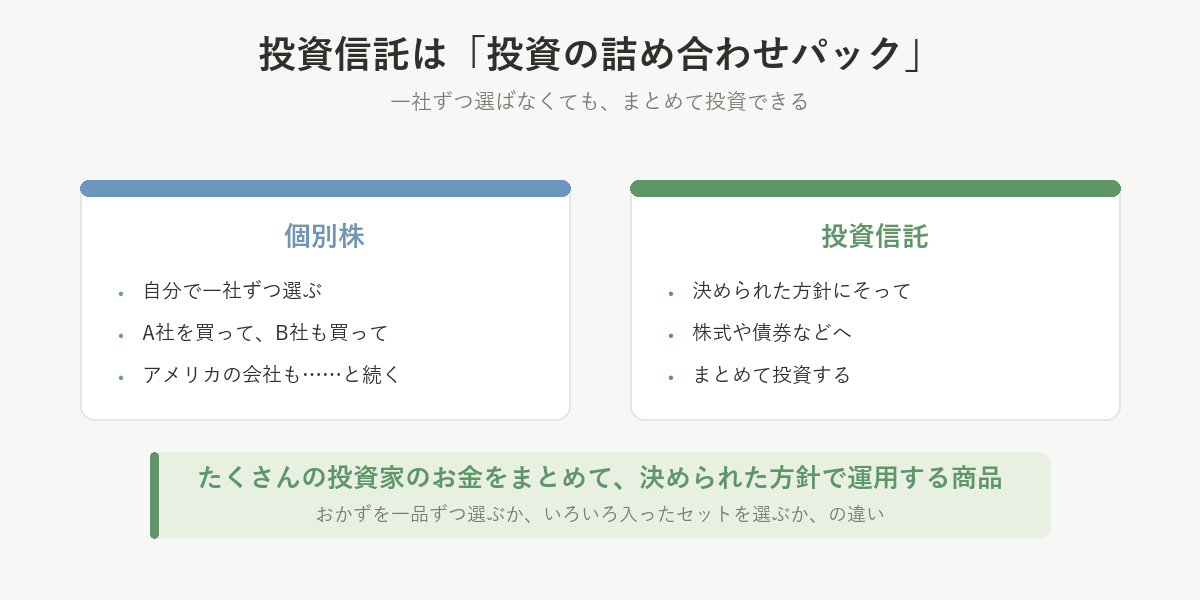 投資信託は投資の詰め合わせパック。個別株は自分で一社ずつ選ぶが、投資信託は決められた方針にそってまとめて投資する