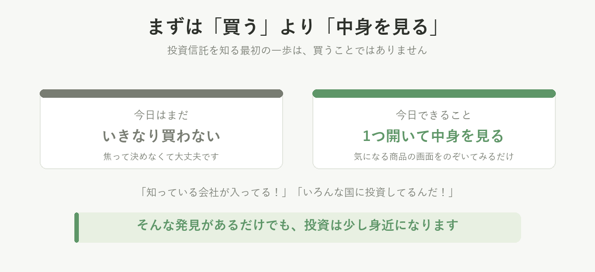 今日はいきなり買わなくていい。気になる投資信託を1つ開いて中身を見るだけで十分