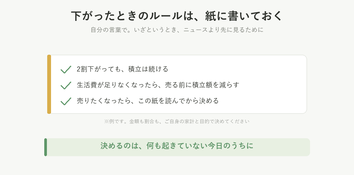 紙に書くルールの例。2割下がっても積立は続ける、生活費が足りなくなったら売る前に積立額を減らす、売りたくなったらこの紙を読んでから決める