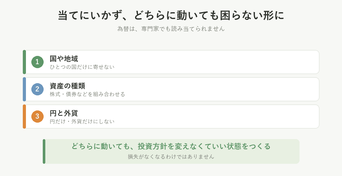国や地域、資産の種類、円と外貨の偏りを減らし、どちらに動いても投資方針を変えなくていい状態にする