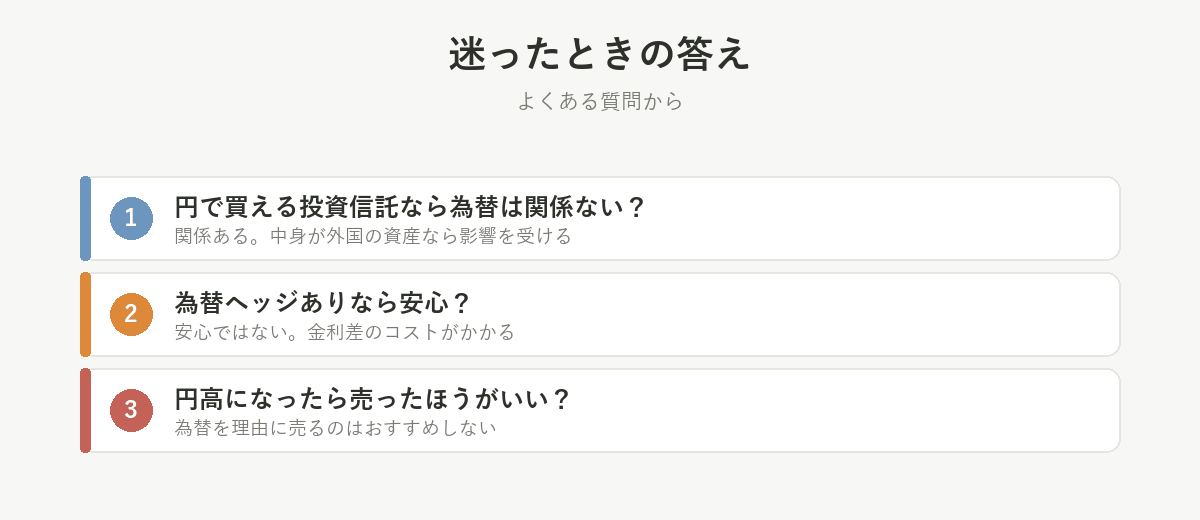 迷ったときの答え。円で買える投資信託も為替の影響を受ける、ヘッジありでも安心ではない、為替を理由に売るのはおすすめしない