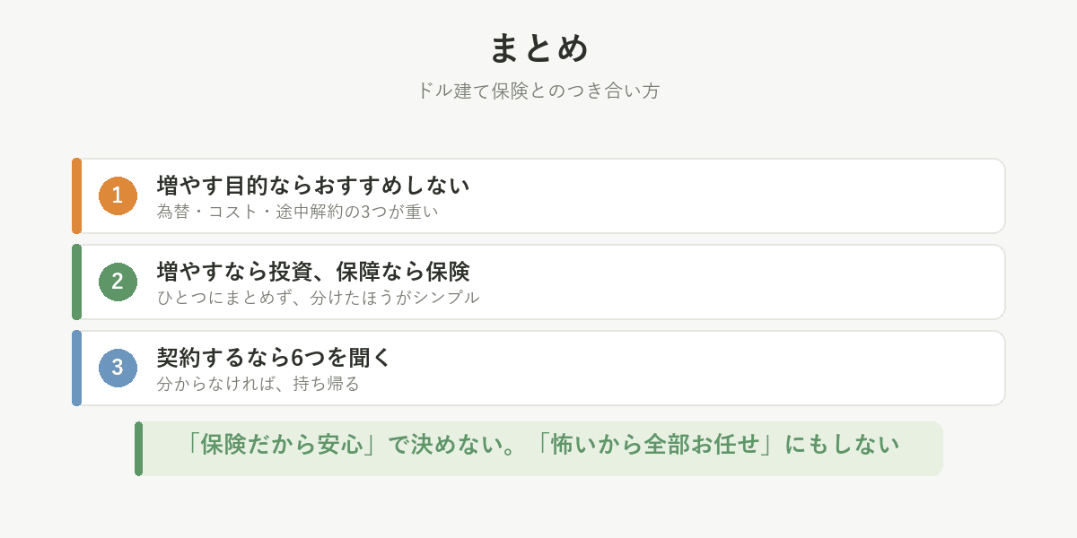 まとめ。増やす目的ならおすすめしない、増やすなら投資・保障なら保険、契約するなら6つを聞く