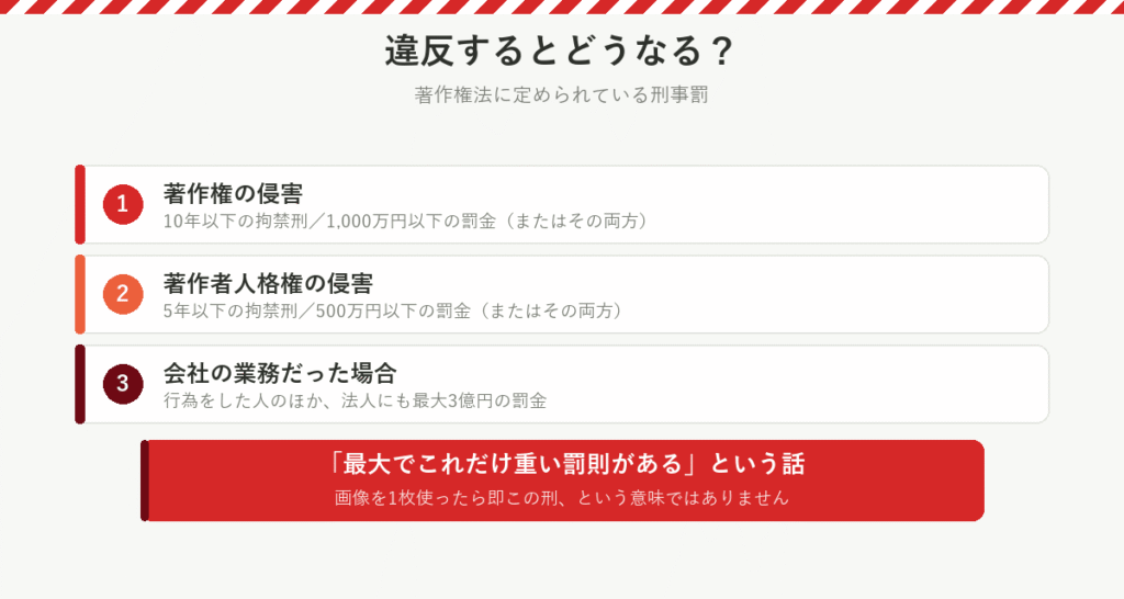 著作権侵害の罰則（拘禁刑・罰金・法人3億円）の図解