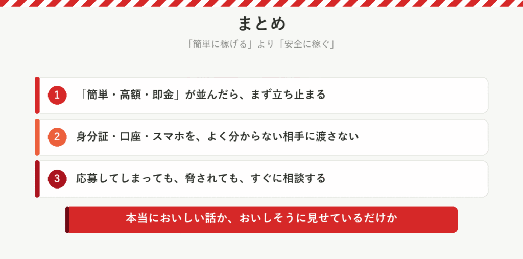 まとめ:簡単・高額・即金が並んだら立ち止まる、身分証・口座・スマホを渡さない、応募しても脅されてもすぐ相談する