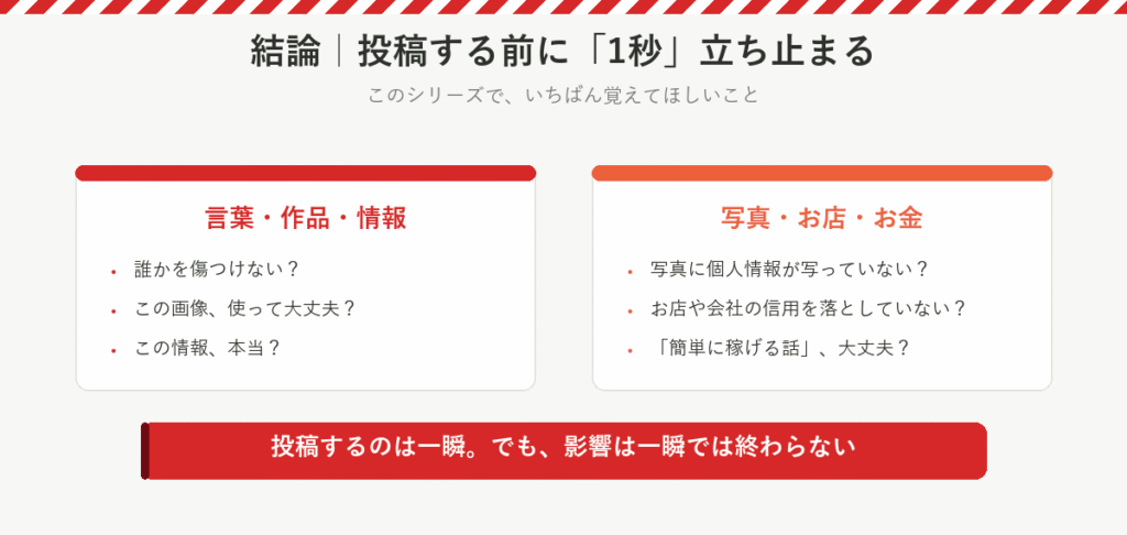 投稿する前に1秒立ち止まる：誰かを傷つけない？画像は使って大丈夫？情報は本当？個人情報は？お店の信用は？簡単に稼げる話は？
