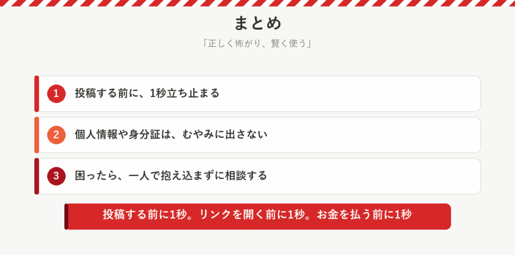 まとめ：投稿する前に1秒立ち止まる、個人情報や身分証をむやみに出さない、困ったら一人で抱え込まずに相談する