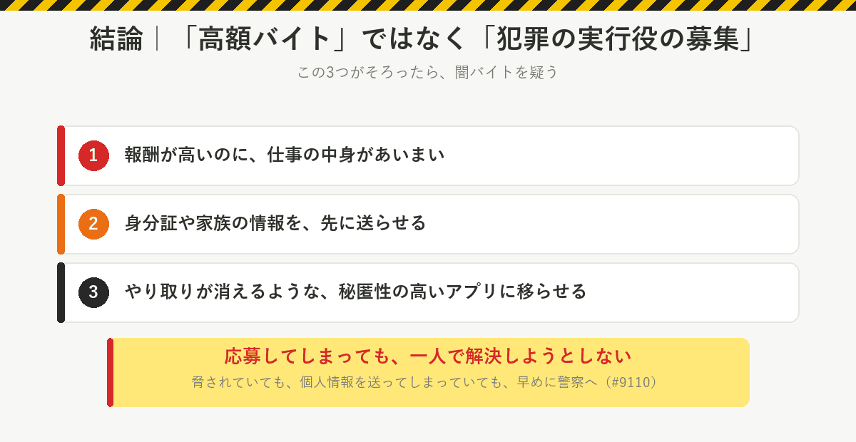 結論:闇バイトは高額バイトではなく犯罪の実行役の募集。報酬が高いのに中身があいまい、身分証や家族の情報を先に送らせる、秘匿性の高いアプリに移らせる。応募してしまっても一人で解決しようとせず、早めに警察(#9110)へ