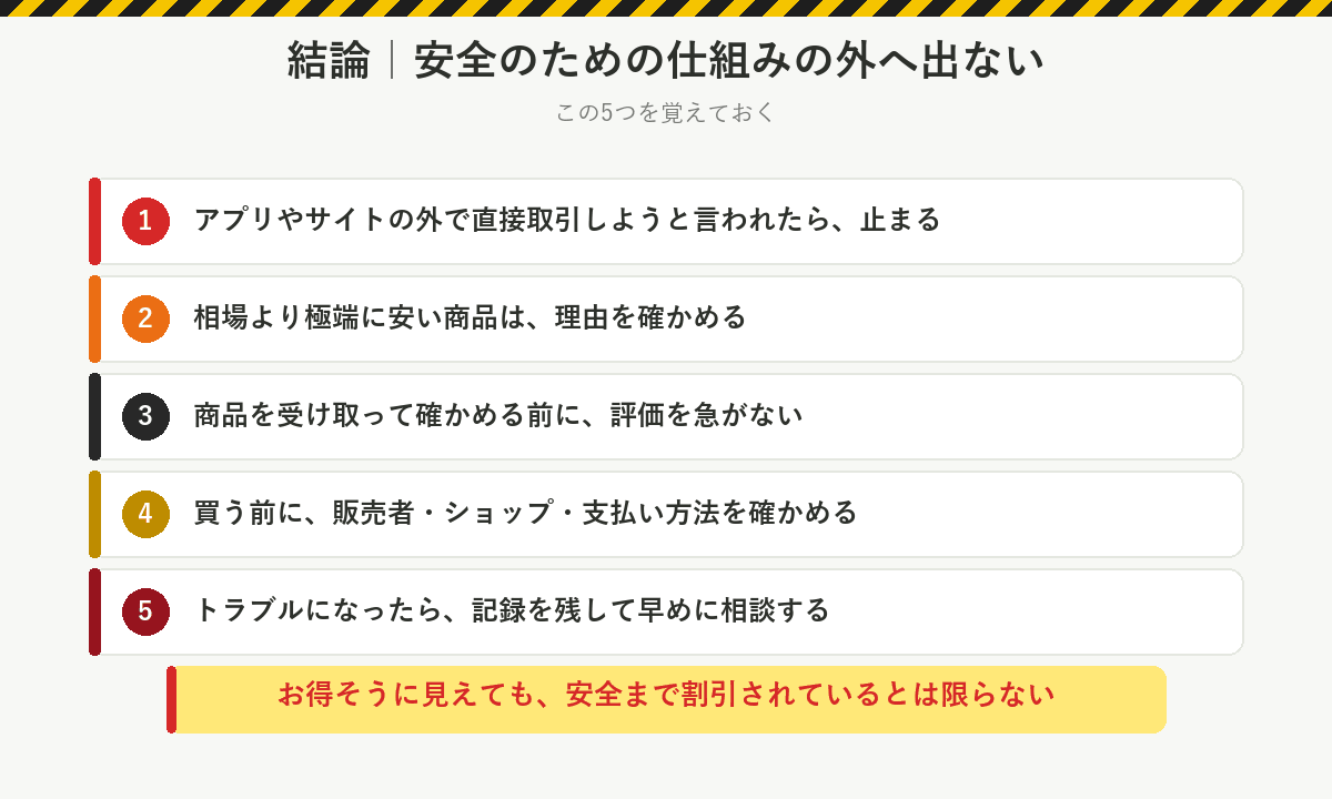 結論:安全のための仕組みの外へ出ない。アプリやサイトの外での直接取引には止まる、極端に安い商品は理由を確かめる、確かめる前に評価を急がない、買う前に販売者や支払い方法を確かめる、トラブルは記録を残して早めに相談する