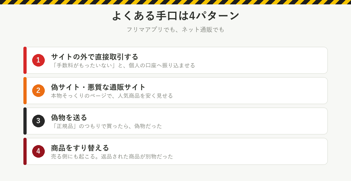 よくある手口は4パターン:サイトの外で直接取引する、偽サイト・悪質な通販サイト、偽物を送る、商品をすり替える
