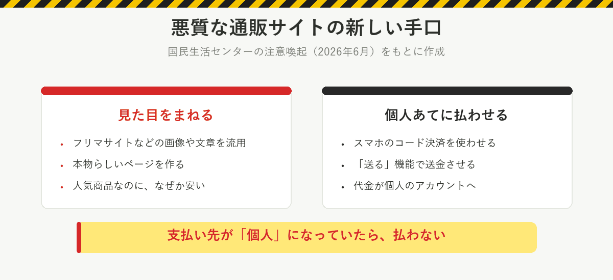 悪質な通販サイトの新しい手口:フリマサイトなどの画像や文章を流用して本物らしいページを作る、スマホのコード決済の送る機能で代金を個人のアカウントへ払わせる。支払い先が個人なら払わない
