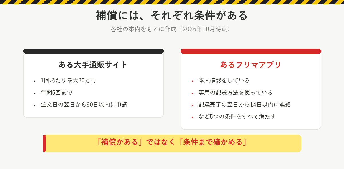 補償には条件がある:ある大手通販サイトは1回最大30万円・年5回まで・注文日の翌日から90日以内に申請。あるフリマアプリは本人確認・専用の配送方法・配達完了の翌日から14日以内の連絡など5つの条件をすべて満たす