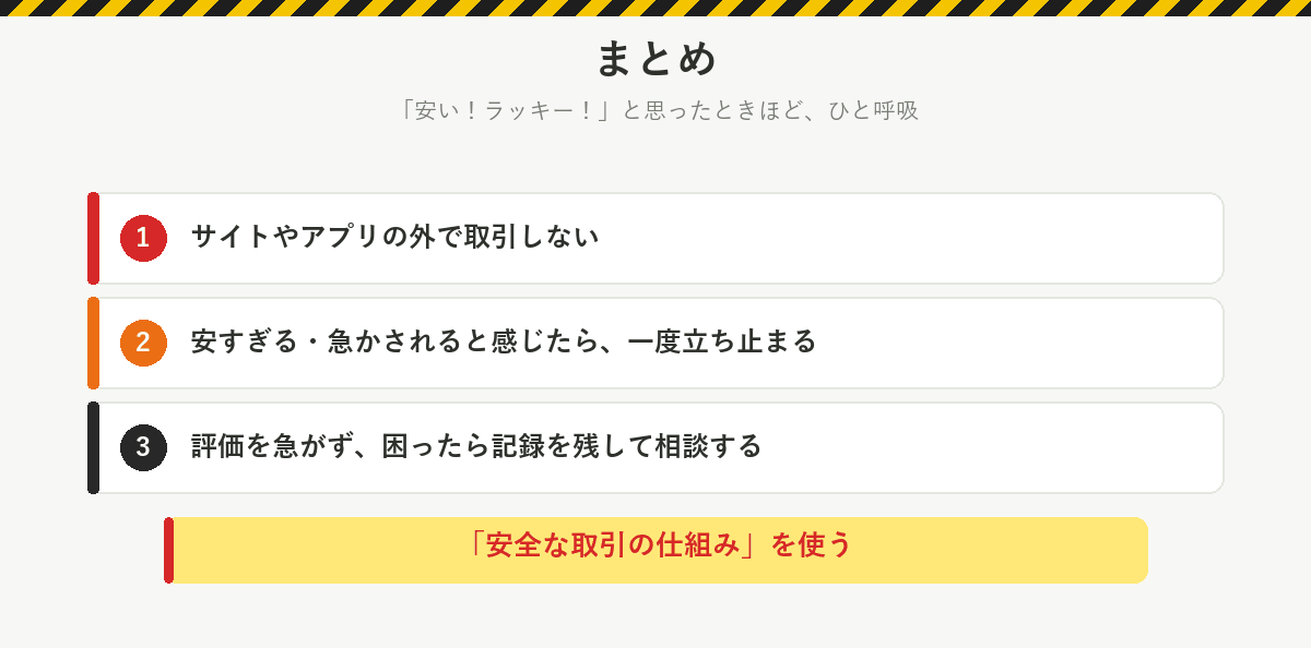 まとめ:サイトやアプリの外で取引しない、安すぎる・急かされると感じたら立ち止まる、評価を急がず困ったら記録を残して相談する