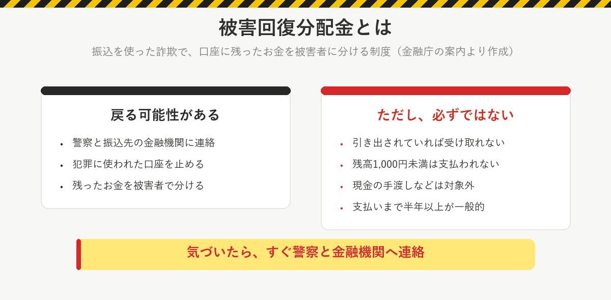 被害回復分配金:警察と振込先の金融機関に連絡し、口座に残ったお金を被害者で分ける。ただし引き出されていれば受け取れない、残高1,000円未満は支払われない、現金の手渡しなどは対象外、支払いまで半年以上が一般的