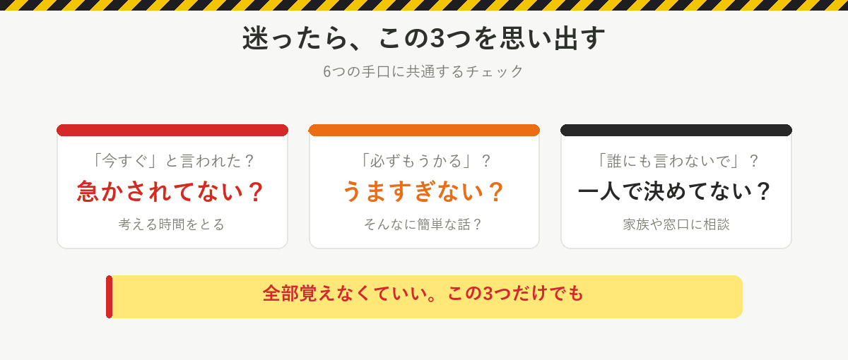 迷ったら思い出す3つ:急かされてない?うますぎない?一人で決めてない?