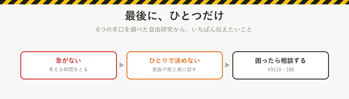 最後にひとつだけ:急がない、ひとりで決めない、困ったら相談する