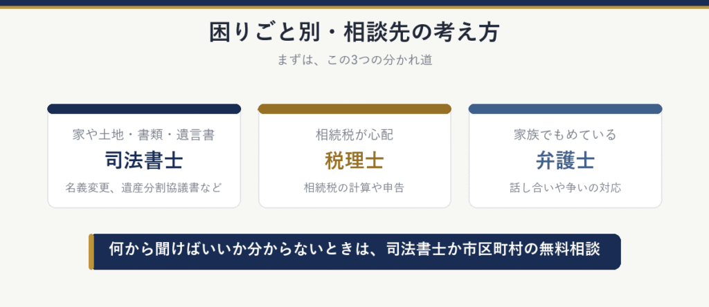 困りごと別の相談先：家や土地・書類・遺言書は司法書士、相続税が心配なら税理士、家族でもめているなら弁護士。何から聞けばいいか分からないときは司法書士か市区町村の無料相談