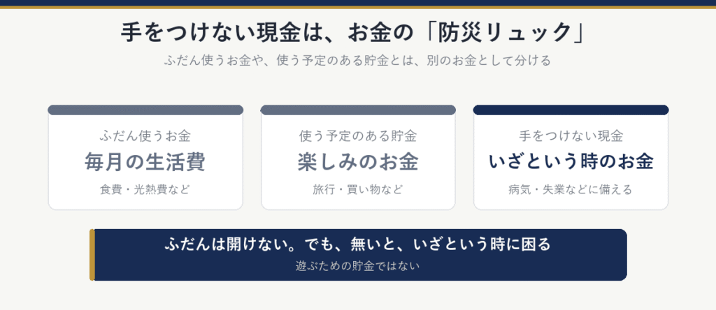 お金を3つに分ける:ふだん使うお金(毎月の生活費)、使う予定のある貯金(旅行・買い物など)、手をつけない現金(病気・失業などに備える、いざという時のお金)。手をつけない現金は、お金の防災リュック