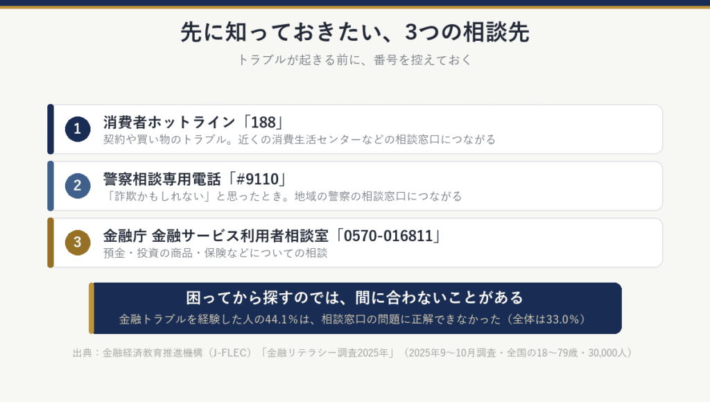 先に知っておきたい3つの相談先:1消費者ホットライン「188」(契約や買い物のトラブル)、2警察相談専用電話「#9110」(詐欺かもしれないと思ったとき)、3金融庁の金融サービス利用者相談室「0570-016811」(預金・投資の商品・保険などの相談)。金融トラブルを経験した人の44.1%は、相談窓口の問題に正解できなかった(全体は33.0%)