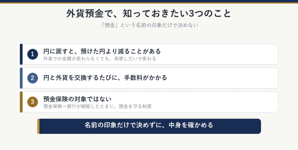 外貨預金で知っておきたい3つのこと：1円に戻すと、預けた円より減ることがある、2円と外貨を交換するたびに手数料がかかる、3預金保険の対象ではない。名前の印象だけで決めずに、中身を確かめる