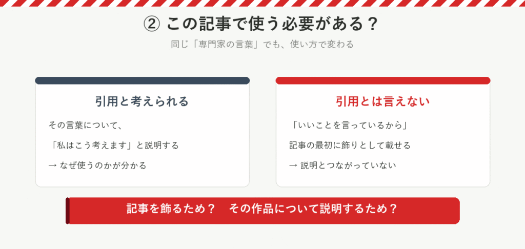 同じ専門家の言葉でも、その言葉について私はこう考えますと説明するなら引用と考えられる。いいことを言っているからと記事の最初に飾りとして載せるのは、説明とつながっておらず引用とは言えない
