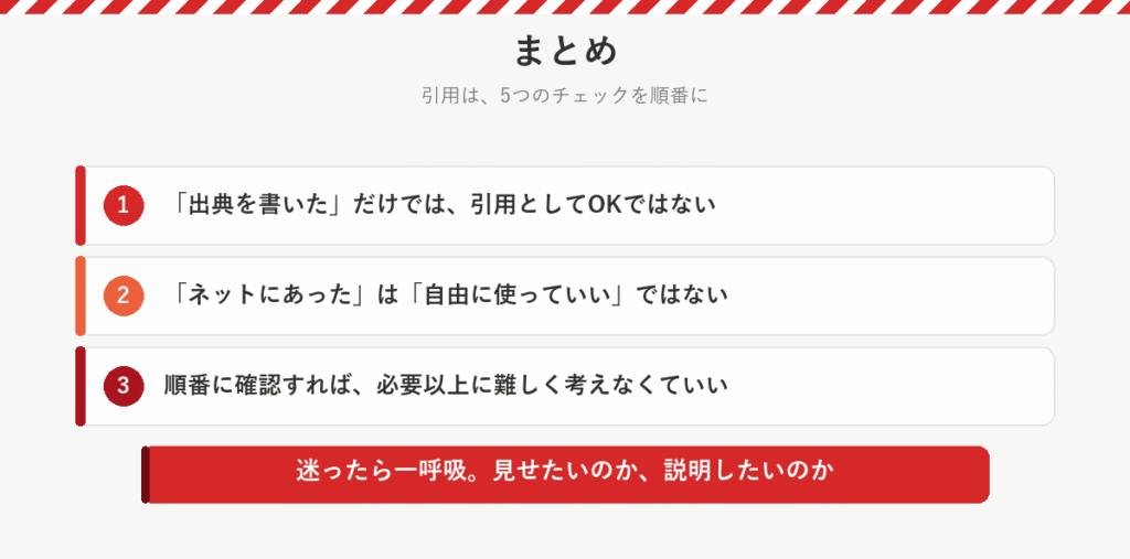 まとめ:出典を書いただけでは引用としてOKではない、ネットにあったは自由に使っていいではない、順番に確認すれば必要以上に難しく考えなくていい。迷ったら一呼吸