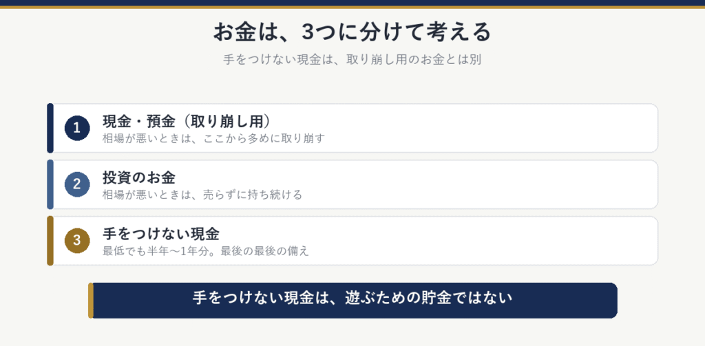お金は3つに分けて考える:1現金・預金(取り崩し用。相場が悪いときは多めに取り崩す)、2投資のお金(相場が悪いときは売らずに持ち続ける)、3手をつけない現金(最低でも半年〜1年分。最後の最後の備え)